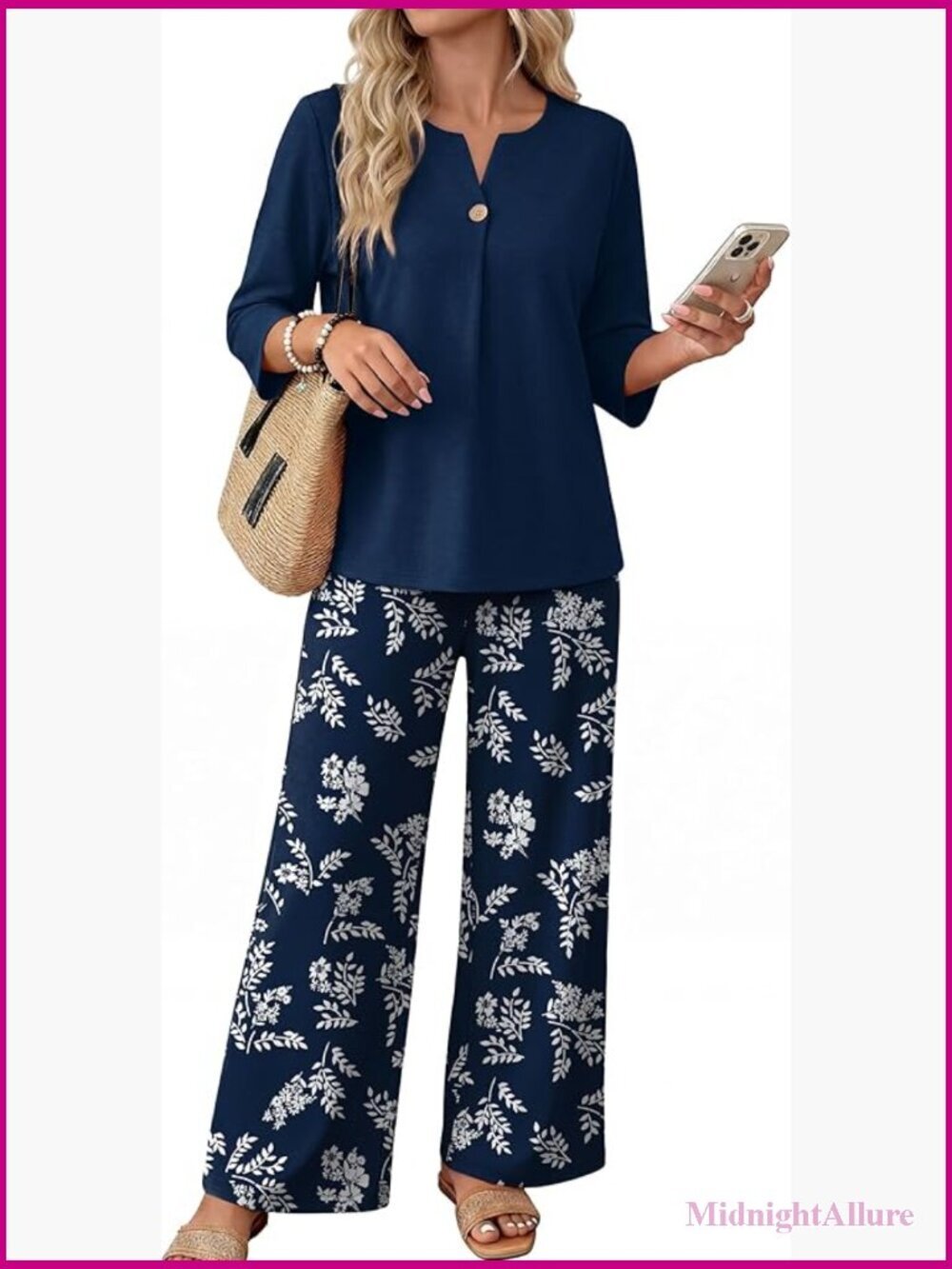 Two Piece Lounge Set - 3/4 Sleeve V-Neck Top & Wide Leg Pants